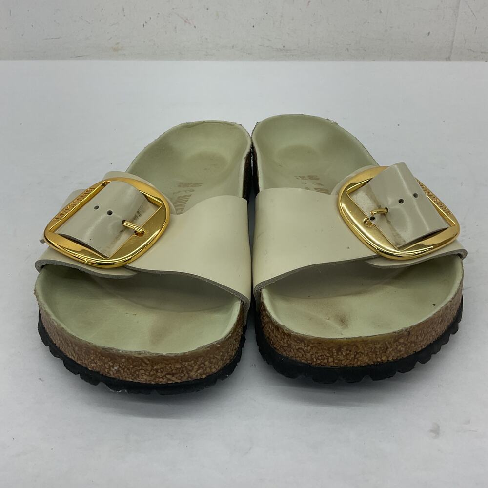 Birkenstock White Patent Madrid Big Buckle Sandals with Gold Buckles - Picture 3 of 7